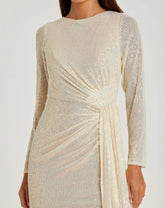 Beige Sequined Ruched Long Sleeve Boat Neck Gown